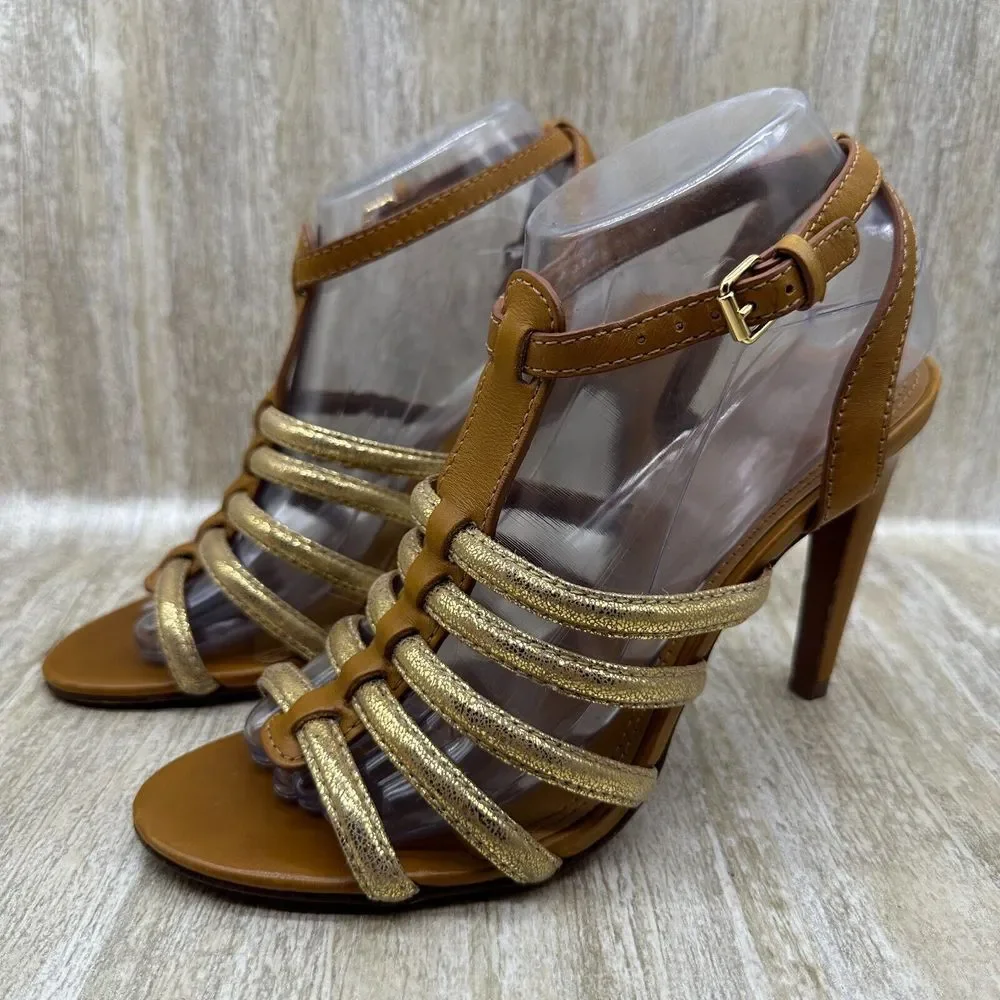 Tory‎ Burch Charlene Gold Ankle Strap Gladiator High Heels Sandals 8.5 Pumps